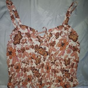 Sienna Sky Floral Lace-Up Tank Top - Orange and Brown